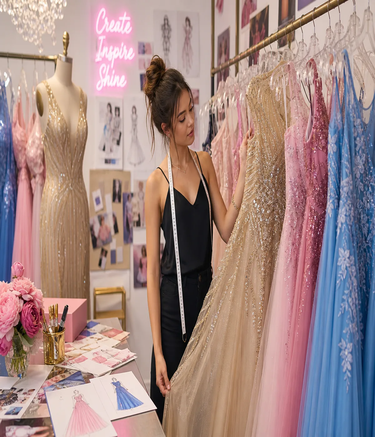 Crystal Doll Dresses formalwear display with sparkling gowns on racks