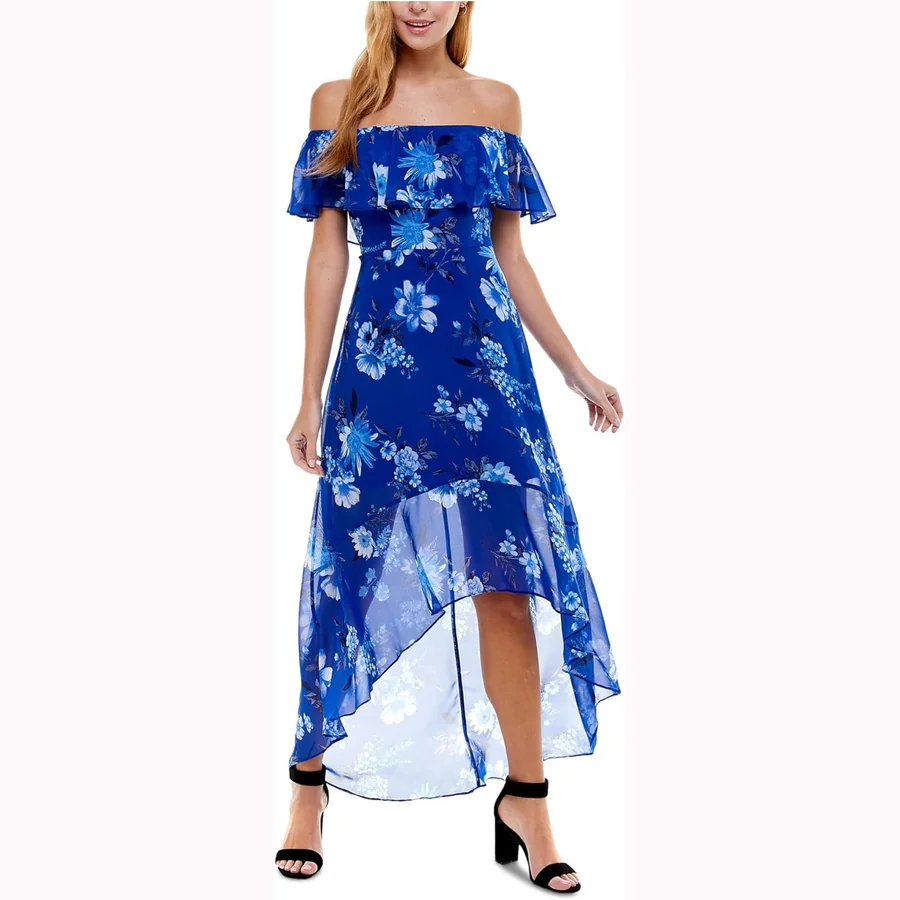 Crystal Doll blue chiffon hi-lo full-length floral cocktail gown