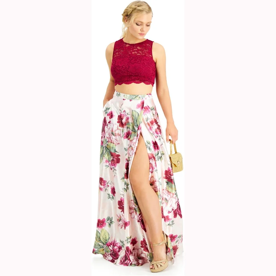 Crystal Doll pink lace prom gown with cropped bodice