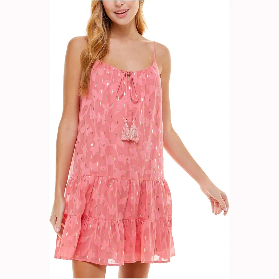 Crystal Doll pink ruffled shift dress with spaghetti straps