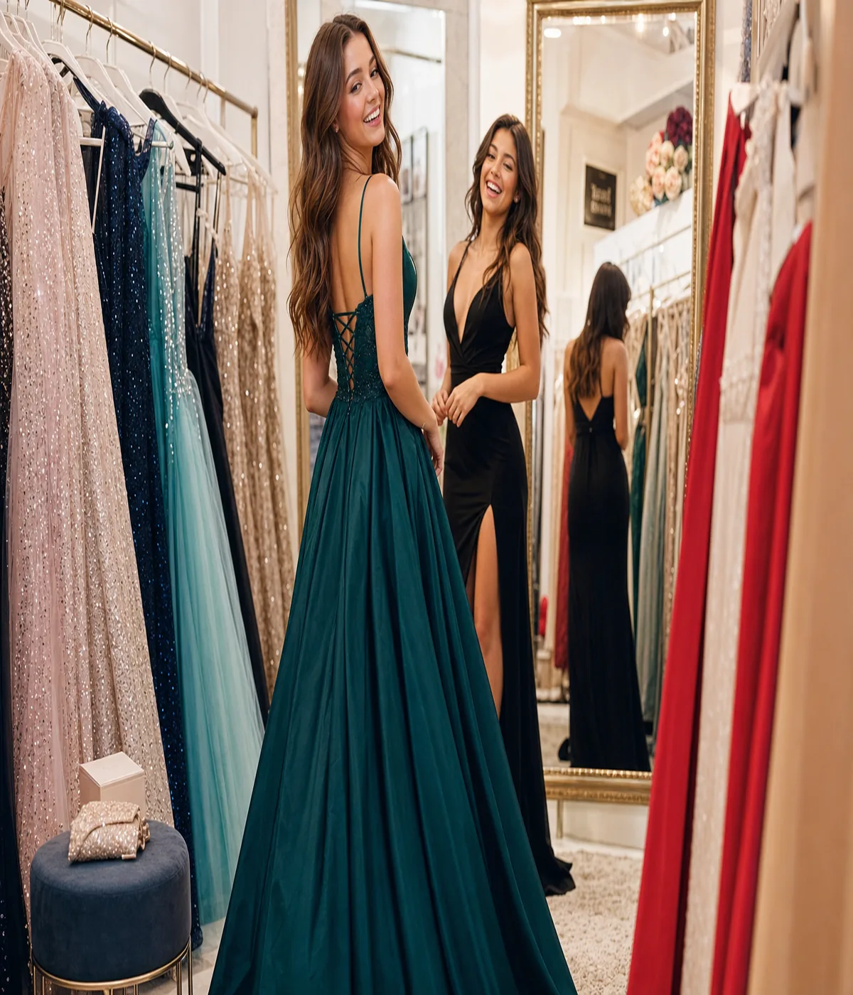 Young women styling Crystal Doll formal dresses before a dance